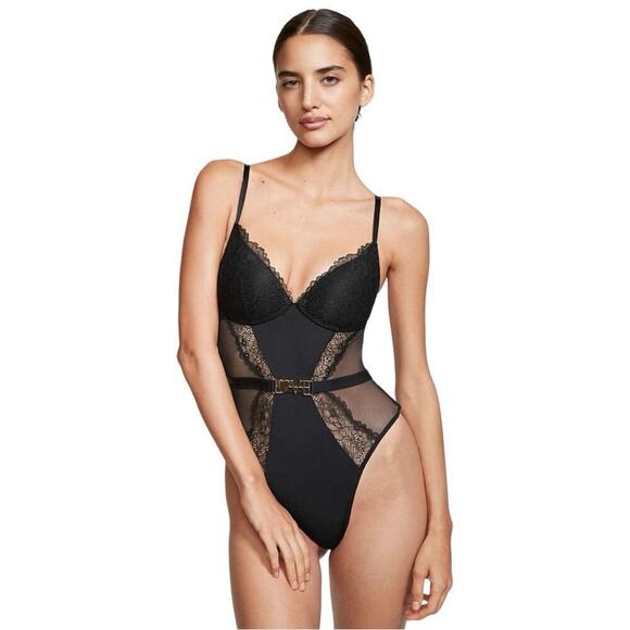 Victoria's Secret Lingerie Teddy one-piece Bodysuit Black Lace Gold Medium Sheer - Picture 1 of 16